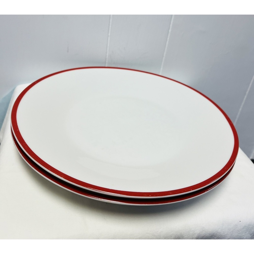Crate & Barrel White Red Rim Dinner Plates Country Farmhouse Replacements Lot 2